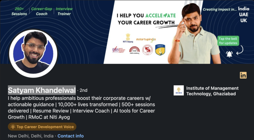 Satyam Khandelwal brings a wealth of knowledge and experience to his career coaching practice. Known for his strategic insights and actionable advice, Satyam has helped many professionals achieve their career objectives and navigate complex career transitions with ease.